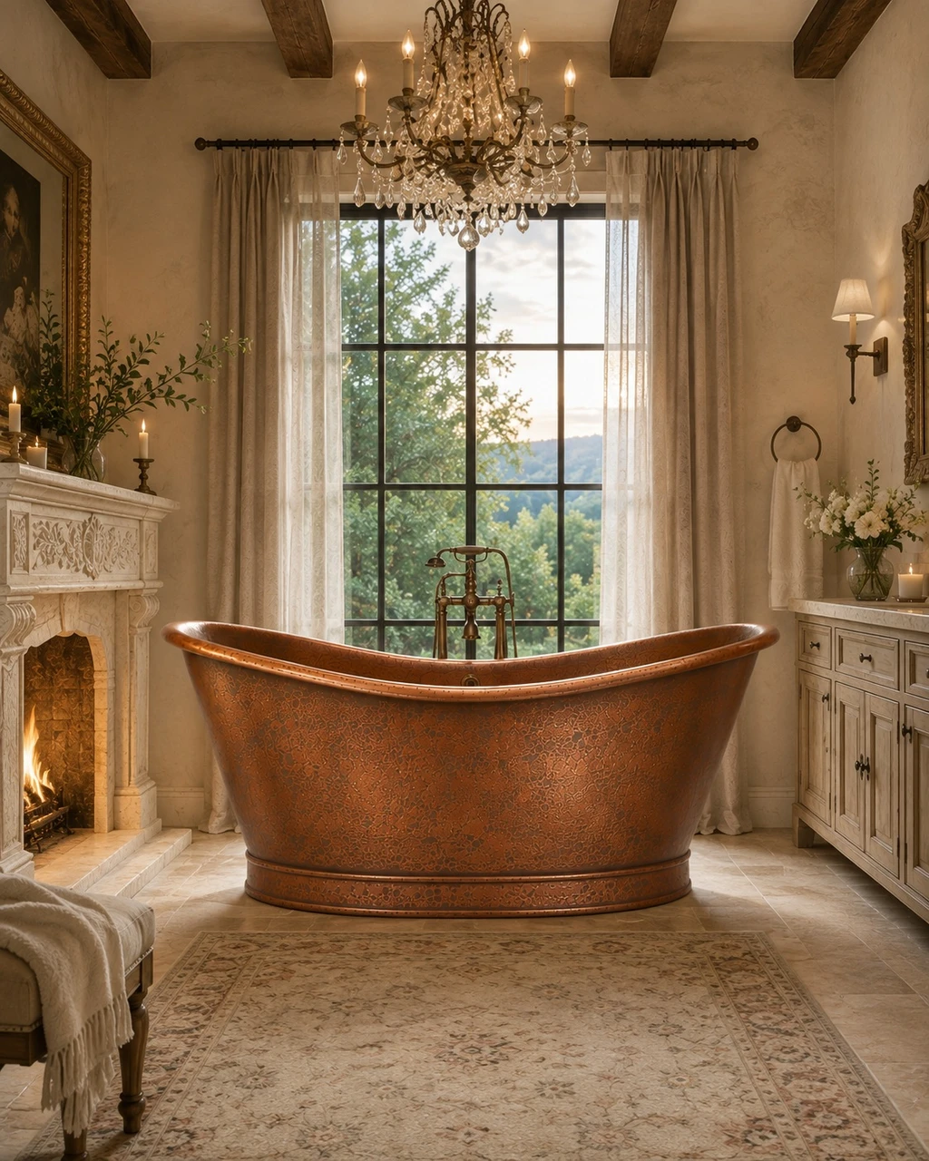 Romantic bathroom with double slipper copper bathtub for two, warm lighting, and soft elegant details