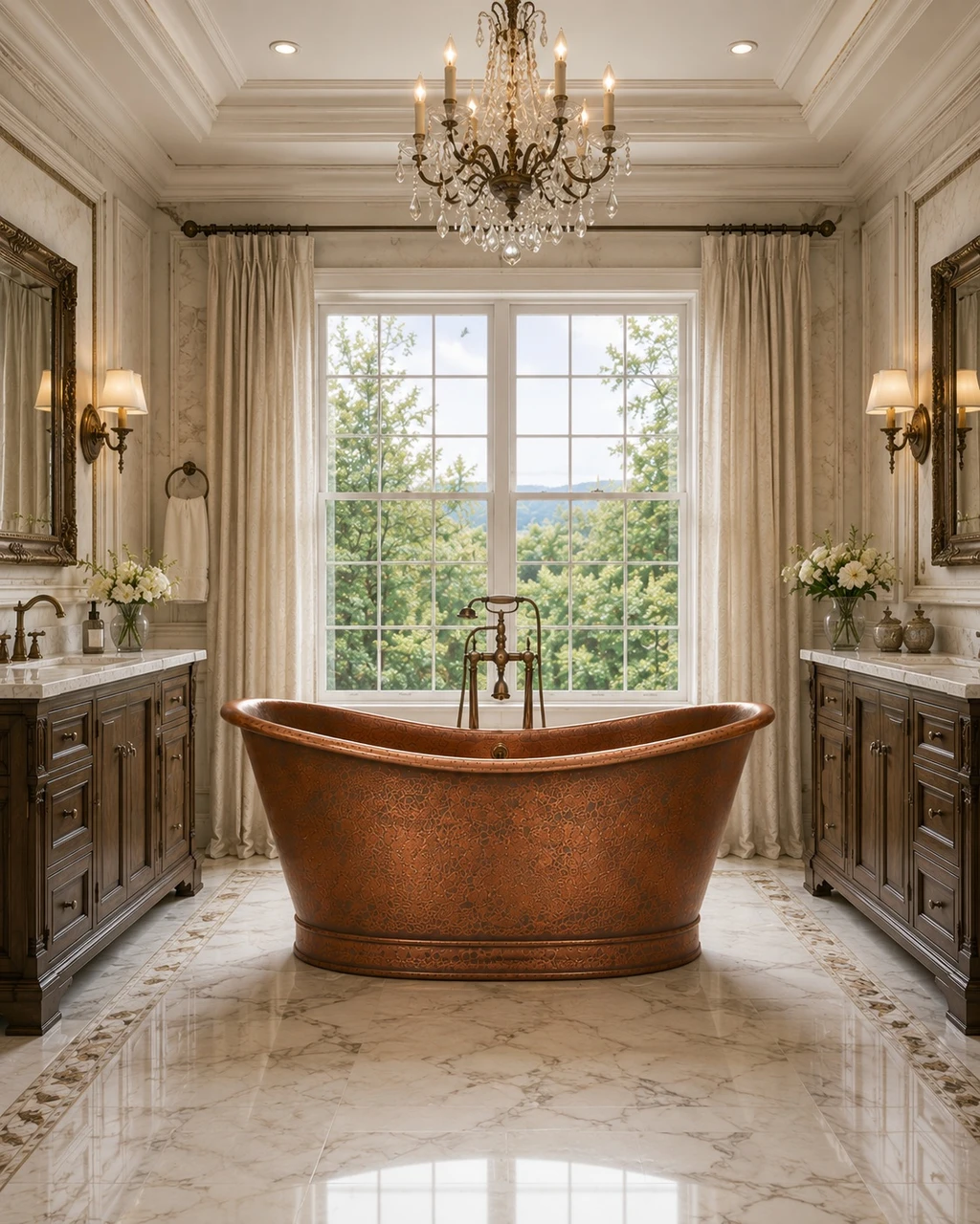 Traditional luxury bathroom with double slipper copper bathtub, stone, elegant fixtures, and warm finishes