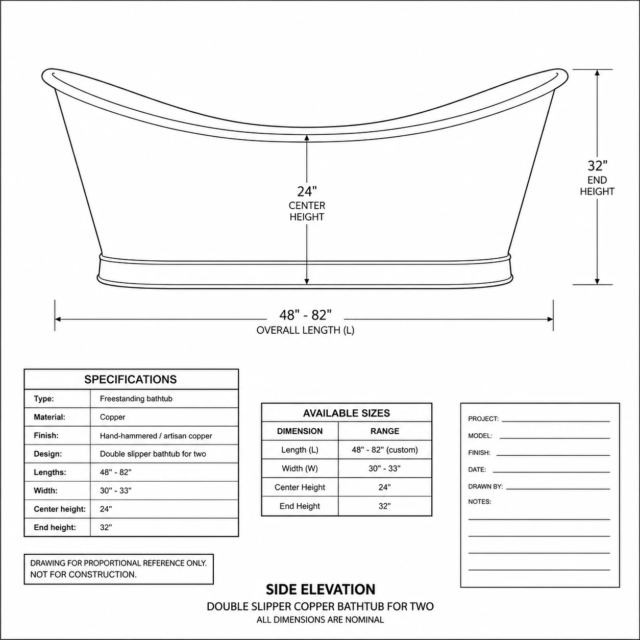 Technical drawing of double slipper copper bathtub for two showing proportions and raised ends