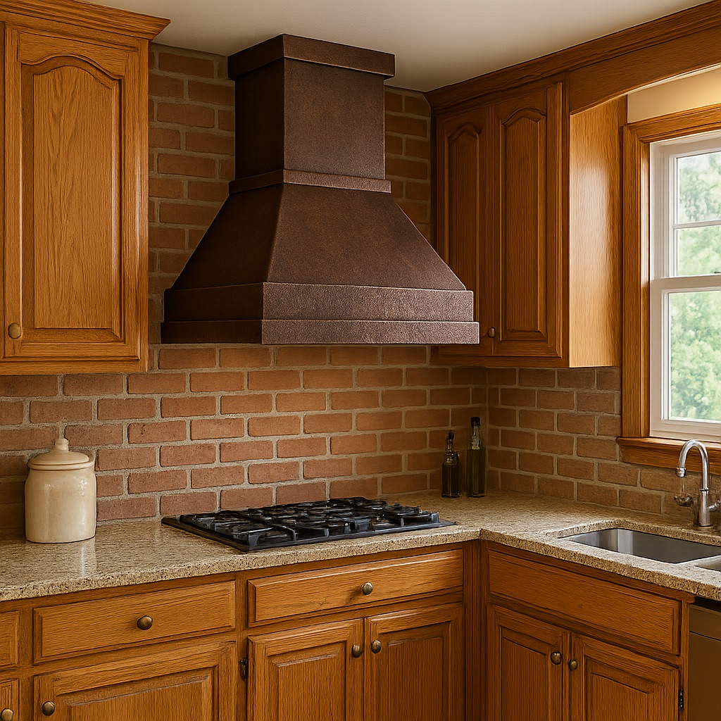 Artisan hammered copper range hood in traditional kitchen