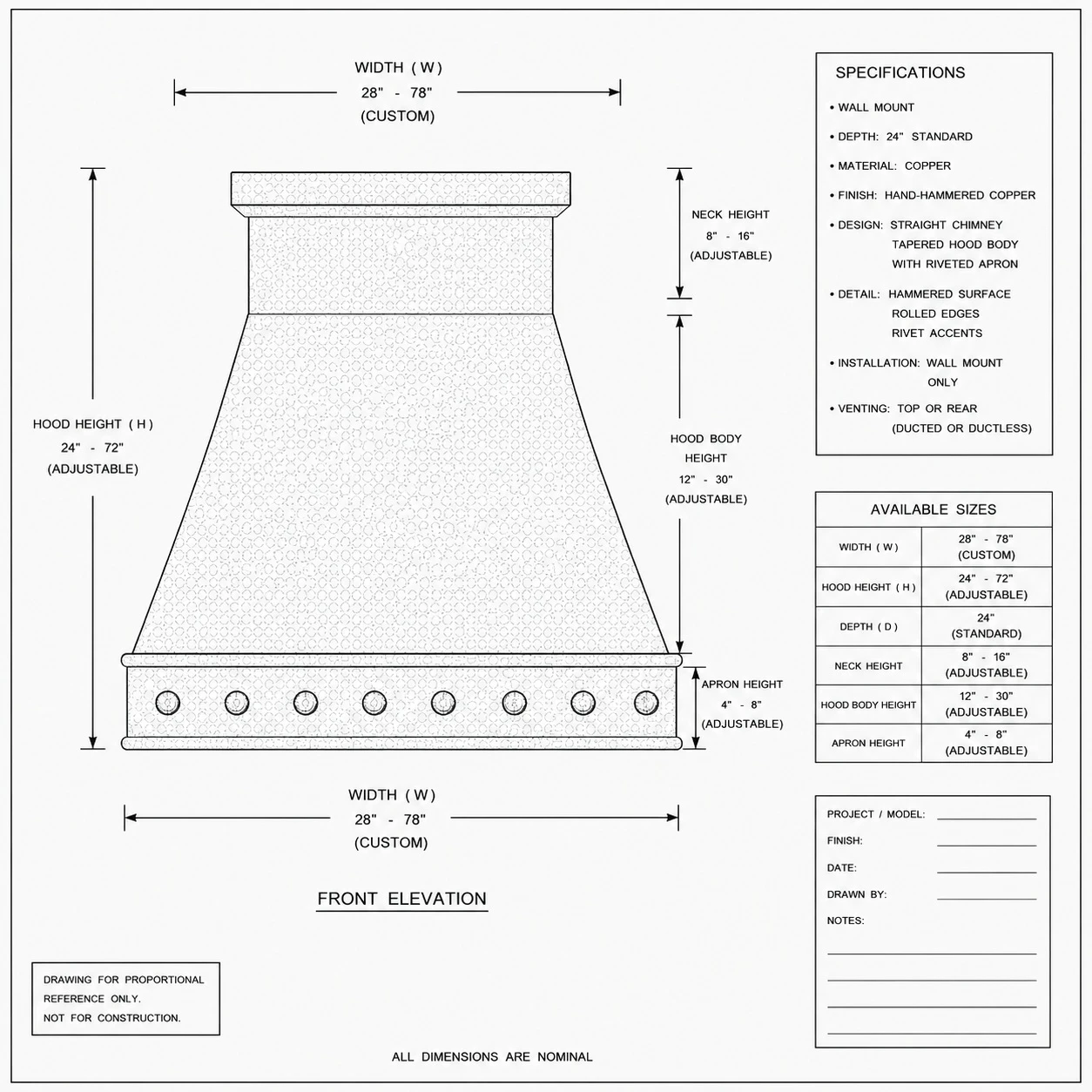 Technical drawing of round hammered trapezoid copper range hood with extended apron