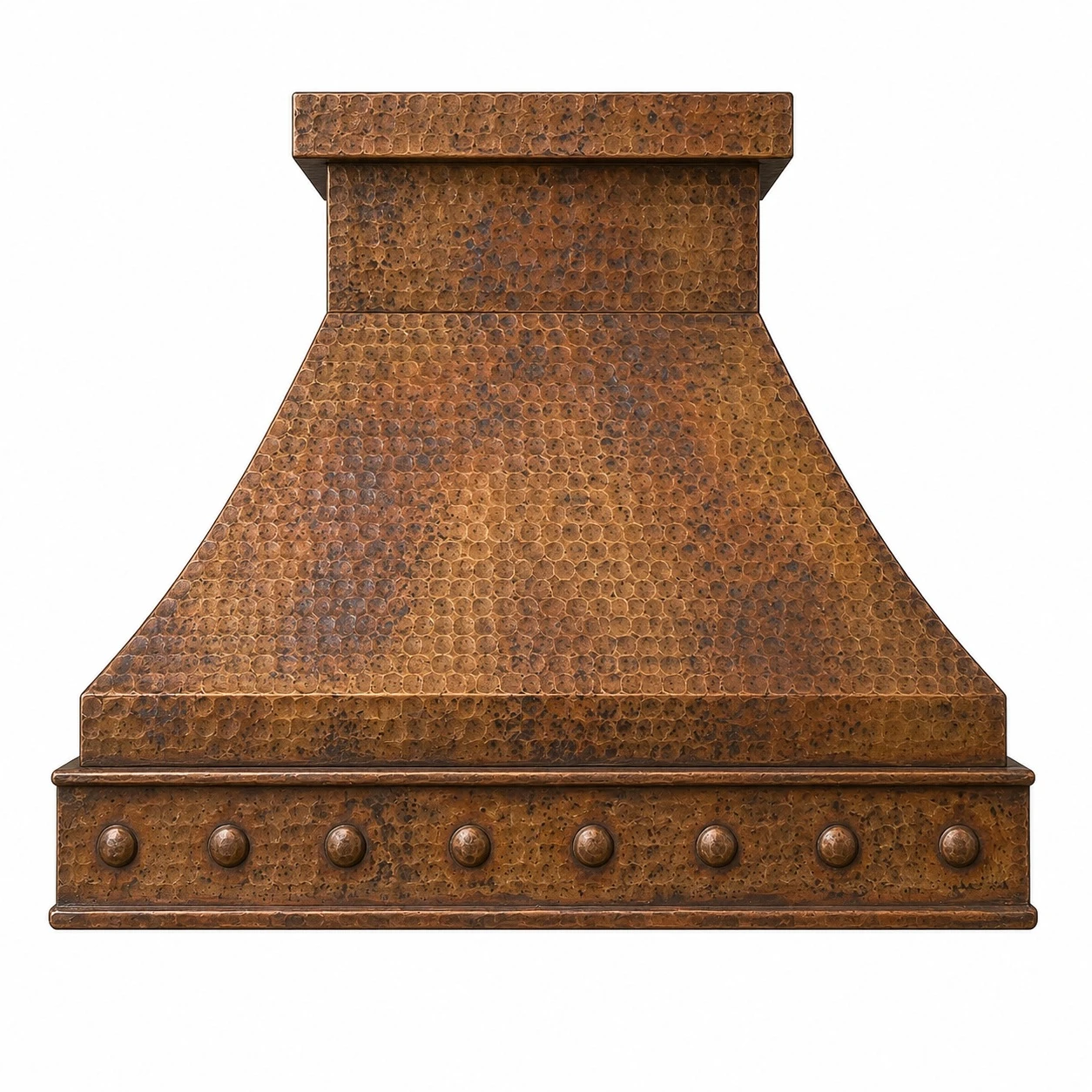 Round-hammered trapezoid copper range hood with extended apron and antique patina, front view