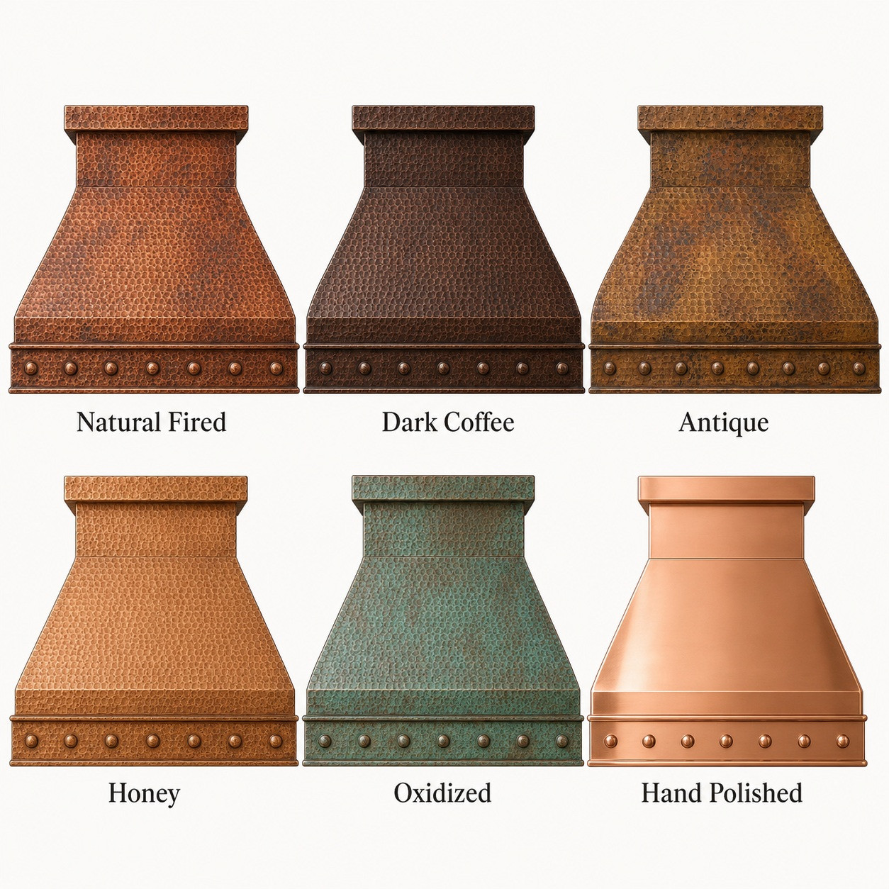 Copper patina finish options for round hammered trapezoid range hood with extended apron