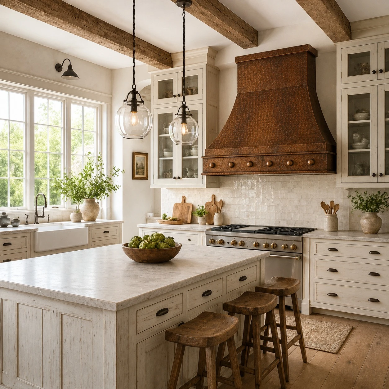 Farmhouse kitchen with round hammered trapezoid copper range hood and extended apron