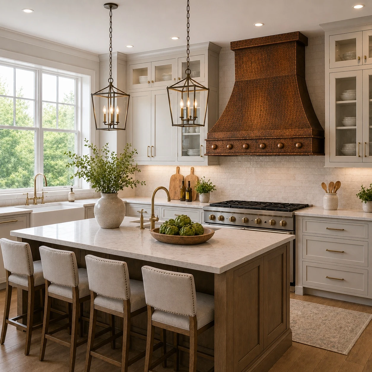 Second transitional kitchen with hammered trapezoid copper range hood and extended apron