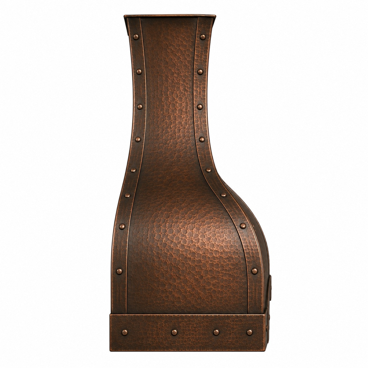 Profile view of hammered copper range hood with coffee patina, curved bell silhouette, side straps and straight apron band
