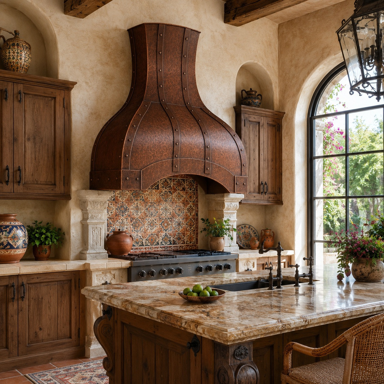 Mexican Hacienda kitchen with riveted bell copper range hood and arched apron
