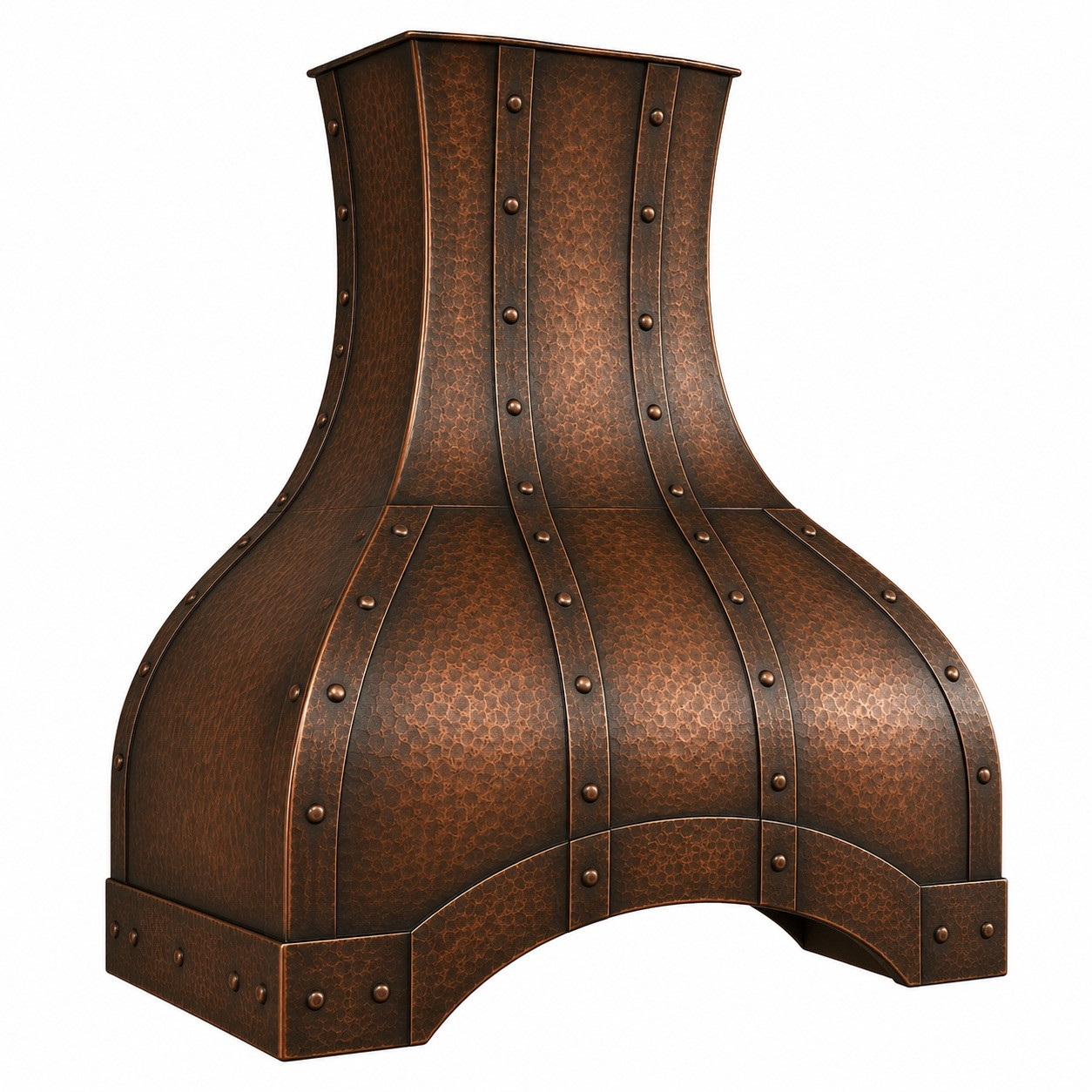 Angled view of hammered copper range hood with coffee patina, riveted straps, detailing curved dome canopy and arched apron