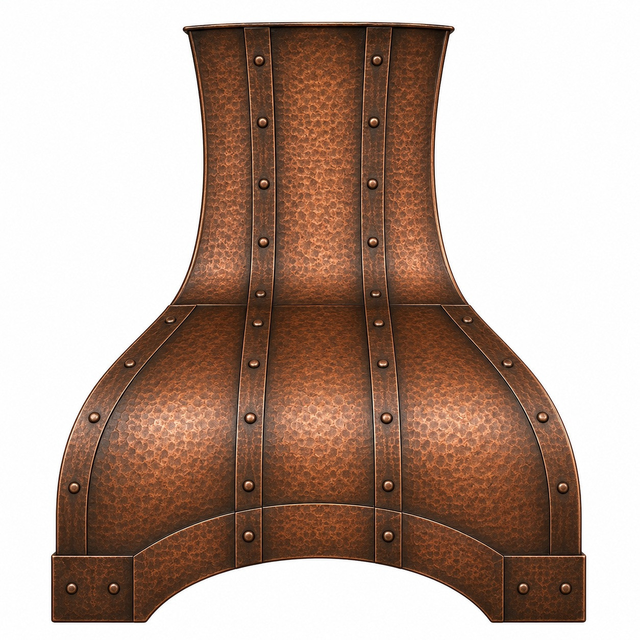 Front view of soft hand-hammered copper range hood with antique patina, riveted straps and arched apron