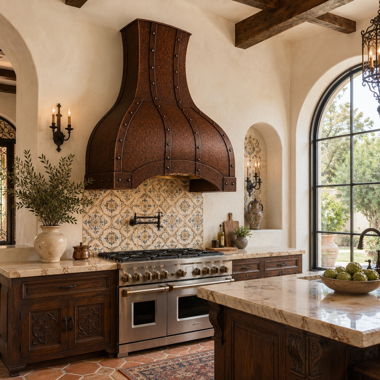 Spanish Revival kitchen with riveted copper bell range hood, arched window, dark wood cabinetry and patterned tile