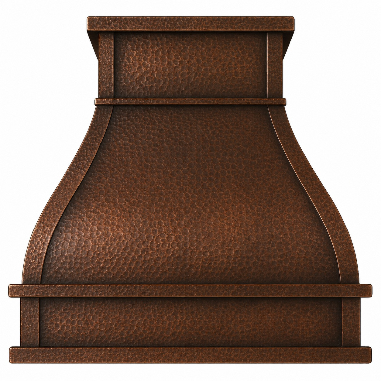 Tuscan copper range hood with wide trim bands and curved hammered body shown from the front