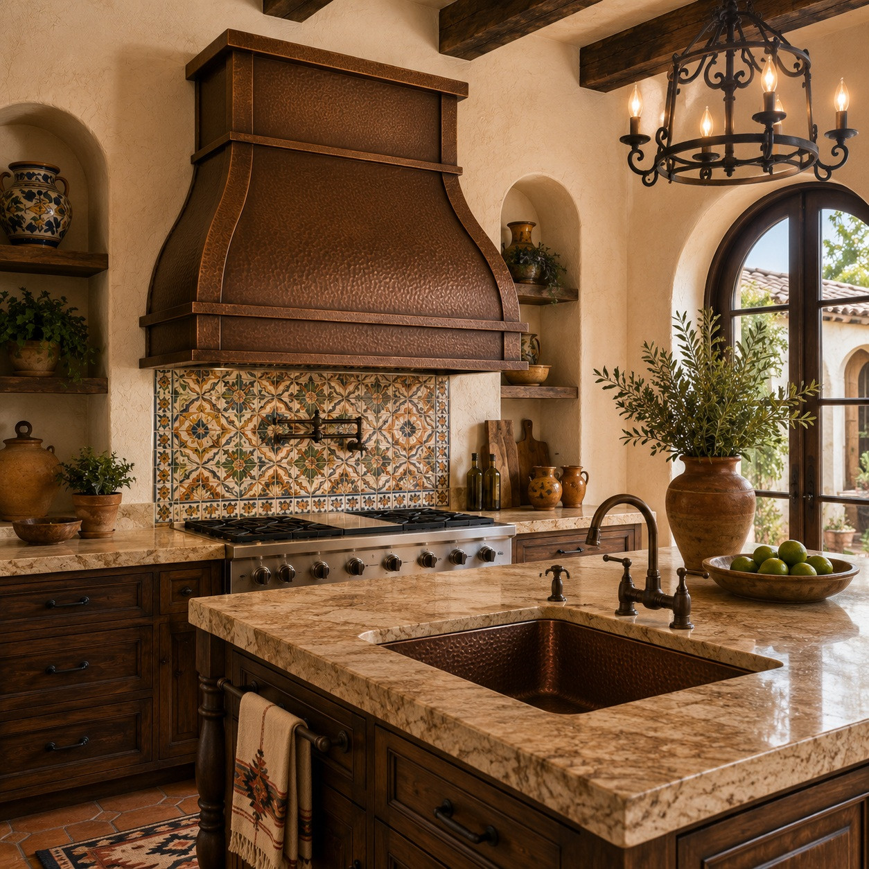 Hacienda kitchen with island copper range hood, curved hammered body, wide trim bands, rustic wood island, stone counters, and iron lighting