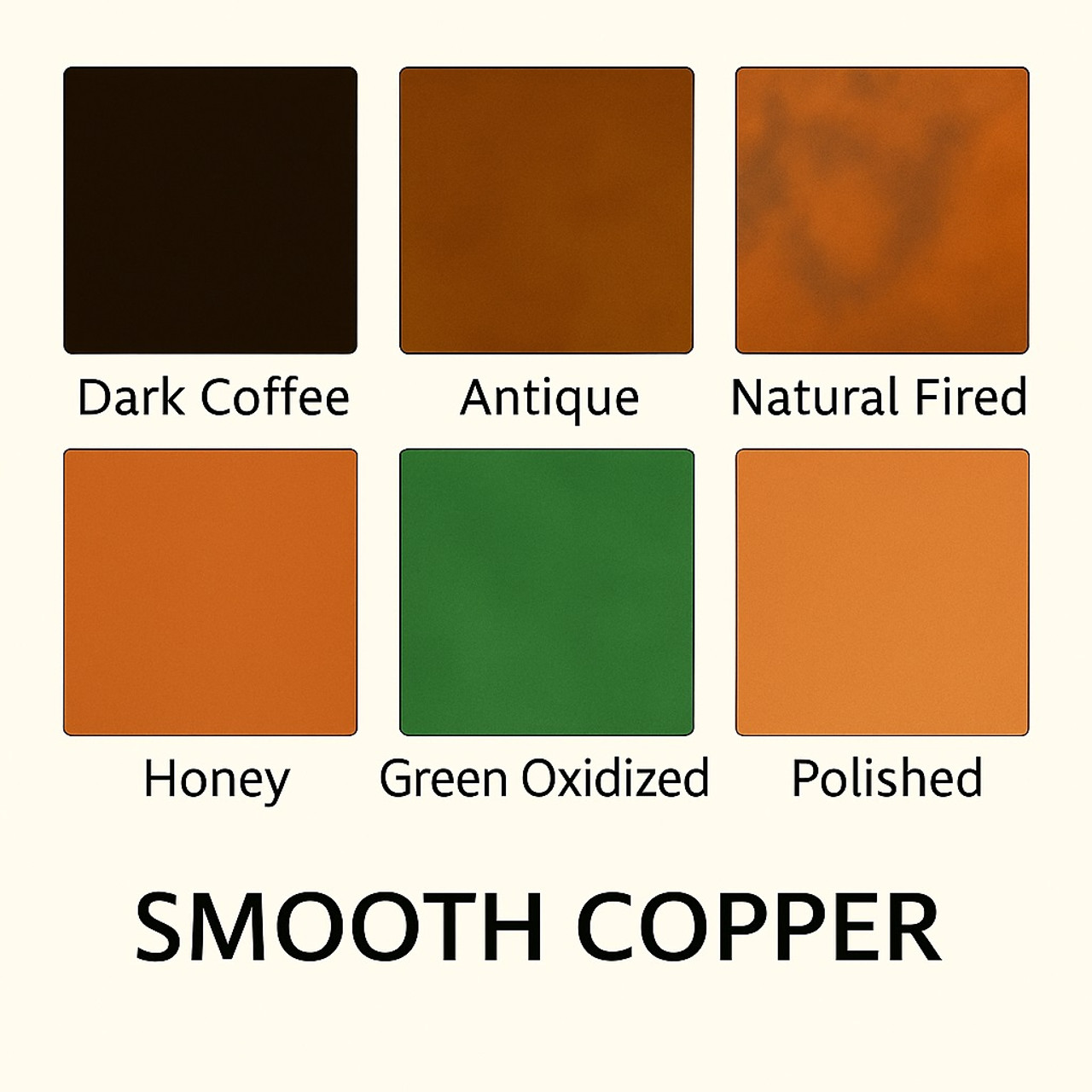 Six finish swatches for a smooth 40 inch copper range hood: coffee, antique, natural, honey, green patinas and polished copper option
