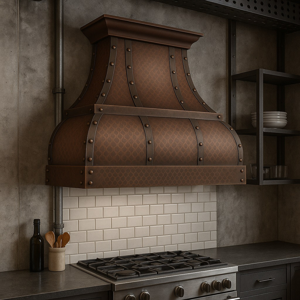 Industrial-style kitchen with 40-inch dome copper range hood and riveted straps