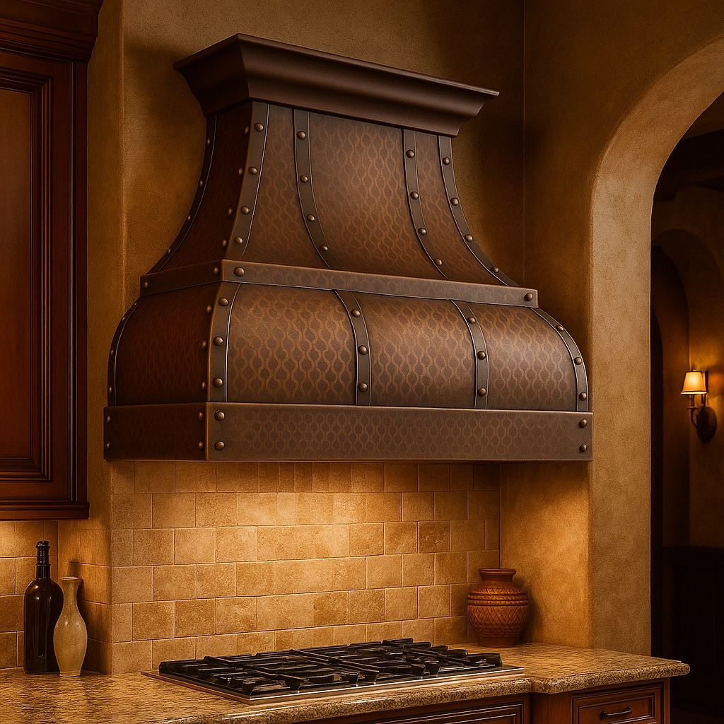 Spanish Revival kitchen with 40-inch dome copper range hood and riveted front straps