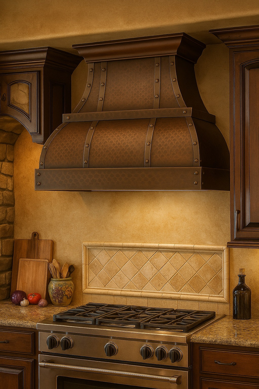 Tuscan kitchen with 40-inch dome copper range hood and riveted straps