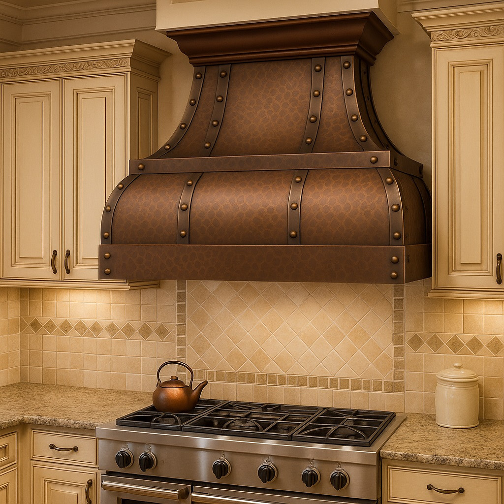 Traditional kitchen with 40-inch dome copper range hood and warm riveted detail