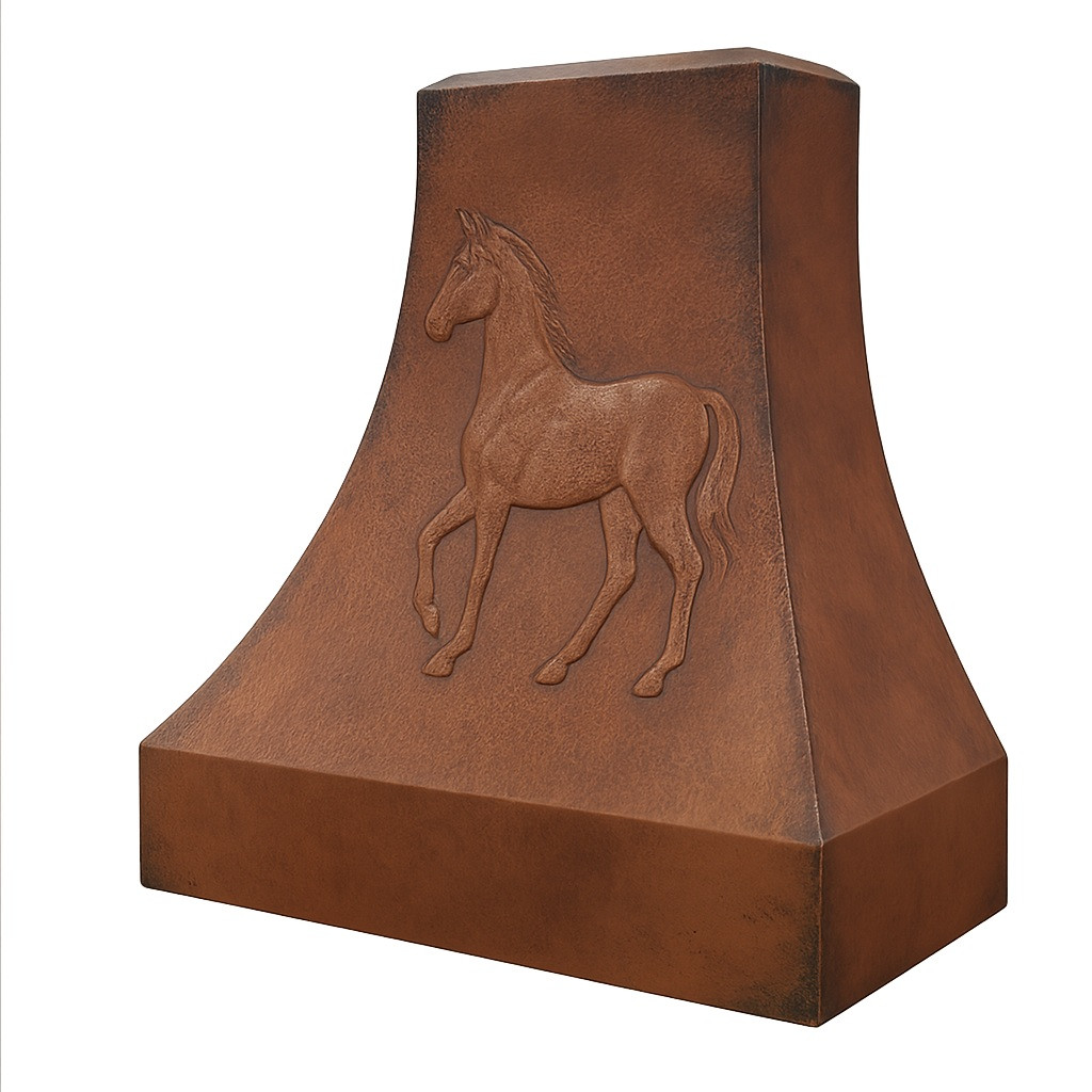 Copper range hood with a horse angle view