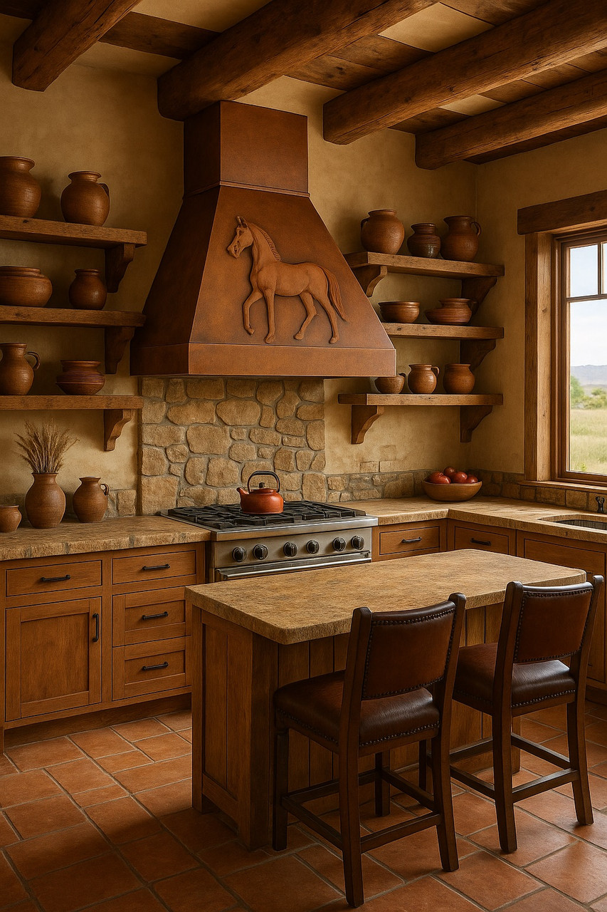Copper range hood with a horse in a runch kitchen settings