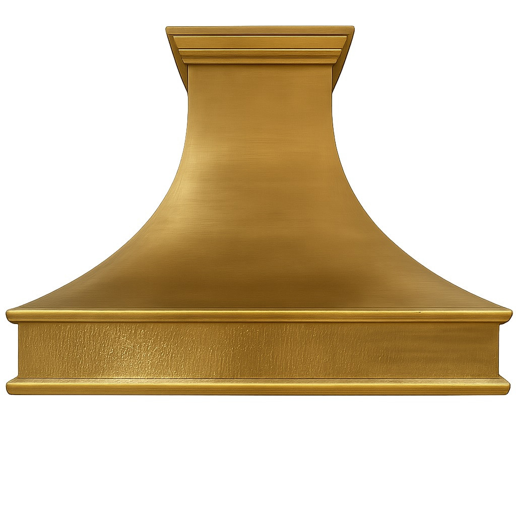 Tuscan brass range hood front view, flared brass canopy with warm golden finish and classic crown molding detail