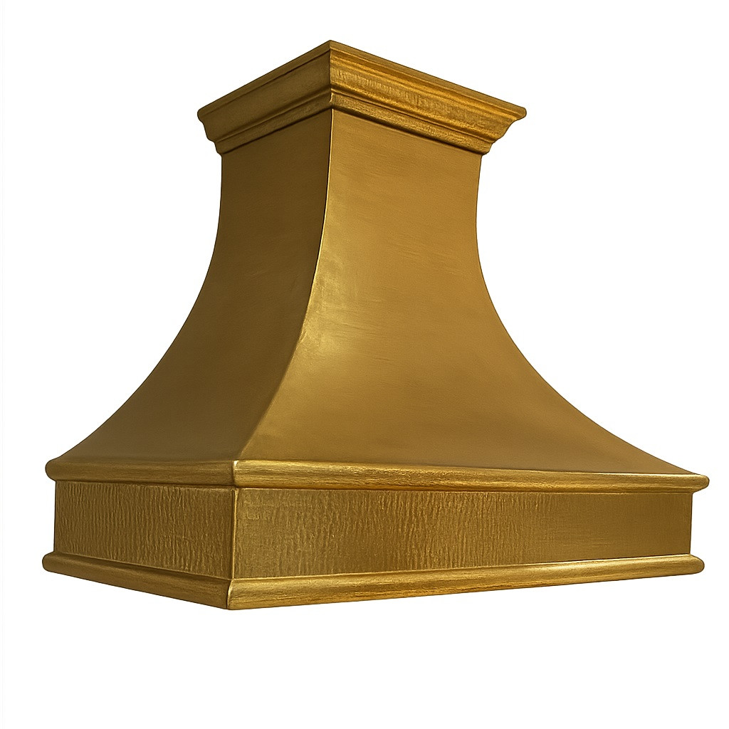 Tuscan brass range hood detail with crown molding and apron trim, warm golden brass surface with flared handcrafted canopy