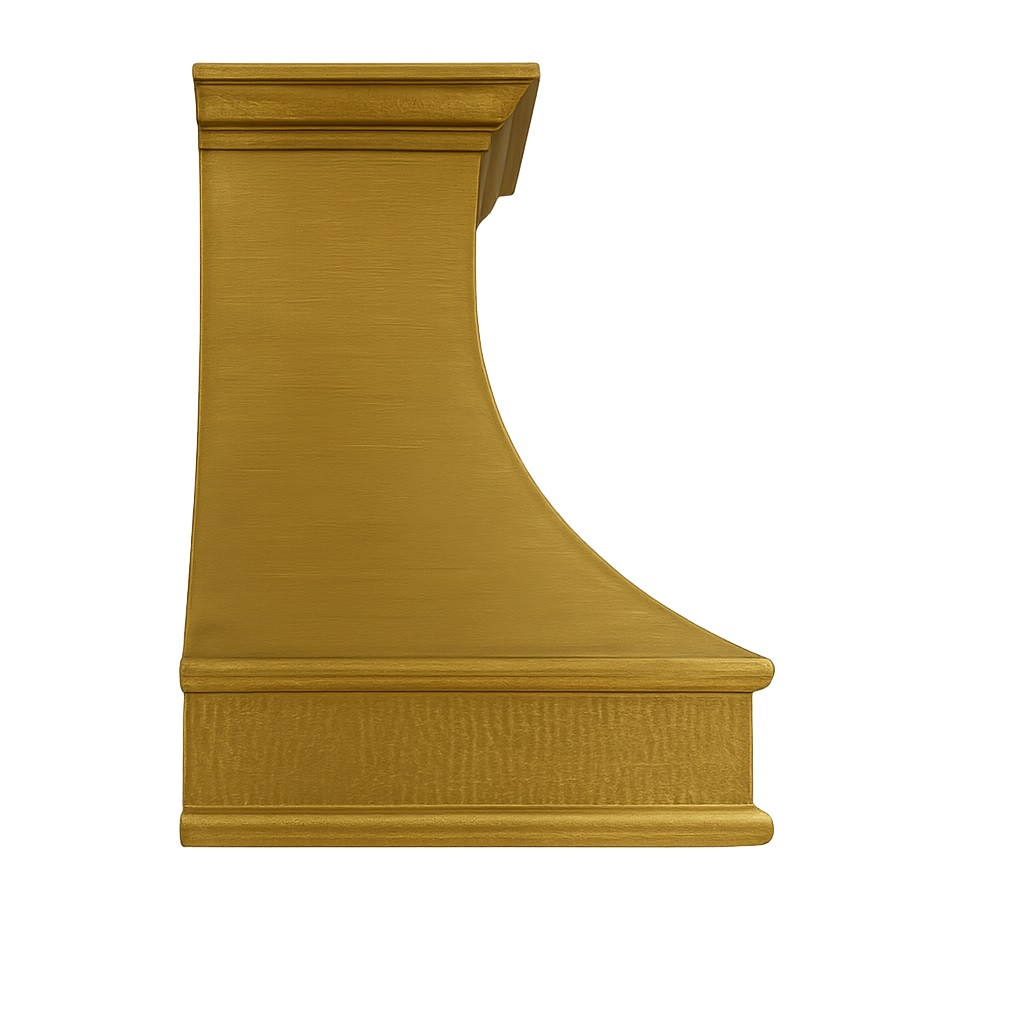 Tuscan brass range hood side view, flared brass canopy with warm golden finish and tapered profile silhouette