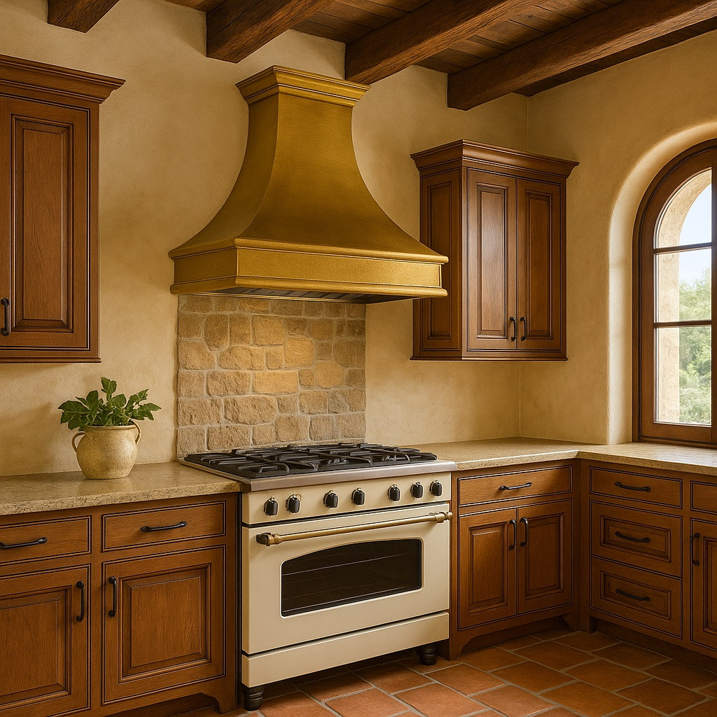 Handcrafted 30 inch brass range hood with flared bell shape mounted above a cream-colored stove in a Tuscan-style kitchen featuring terracotta tile flooring, stone backsplash