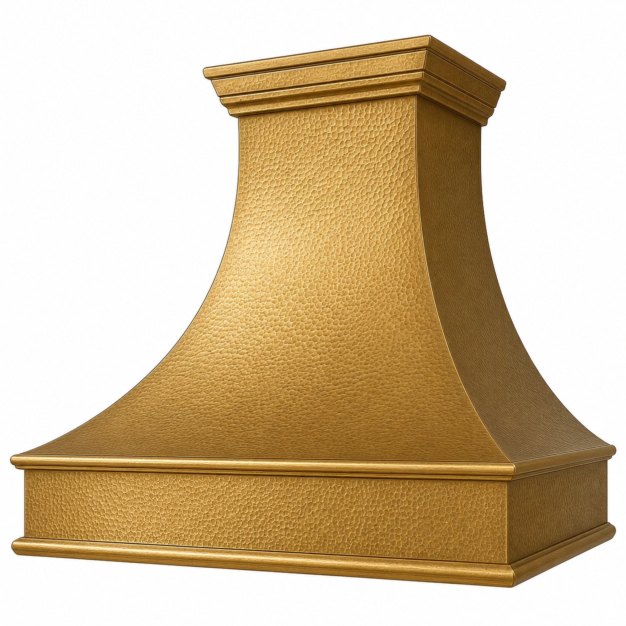 Tuscan brass range hood detail with crown molding and apron trim, warm golden brass surface with flared handcrafted canopy, angled view