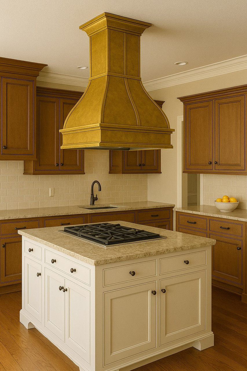 Transitional brass range hood above kitchen island with stove, smooth hand hammered brass canopy suspended over open cooking space and refined cabinetry