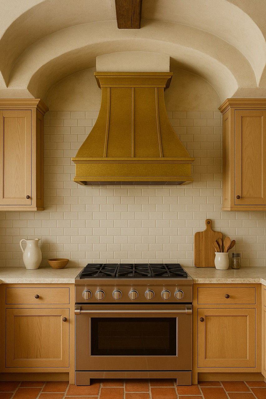 Transitional brass range hood in Southern European style kitchen, smooth hand hammered brass canopy above stone backsplash, warm wood cabinetry and classic architectural details