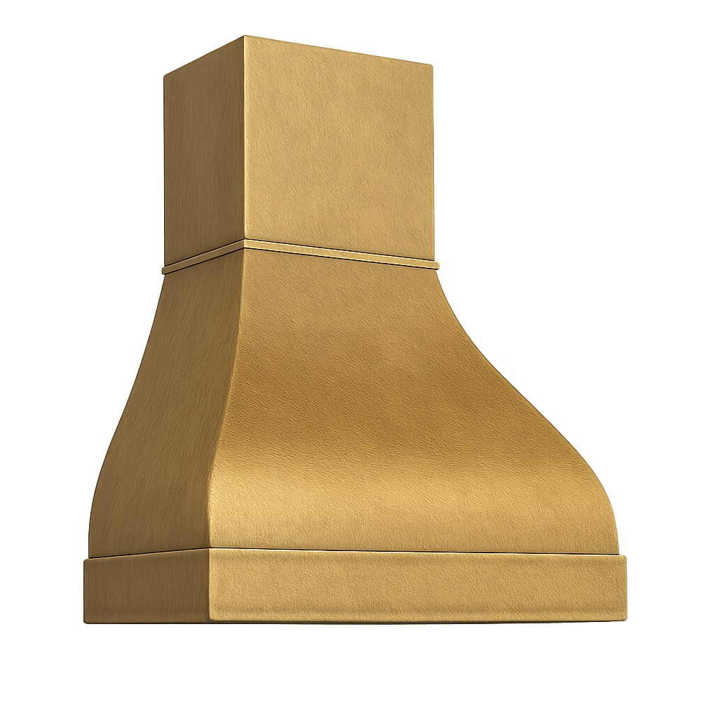 36 inch hammered brass range hood angle view