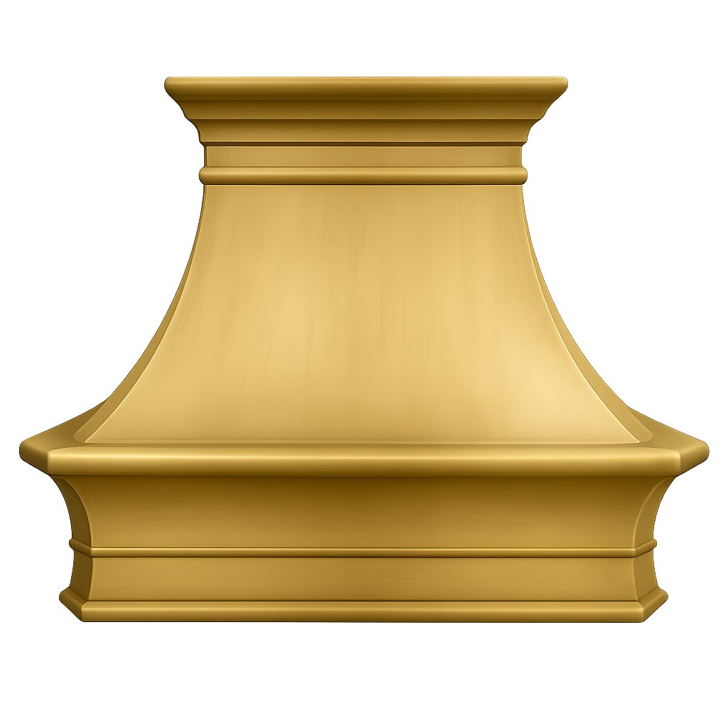 Front view of brushed brass range hood with classic crown molding