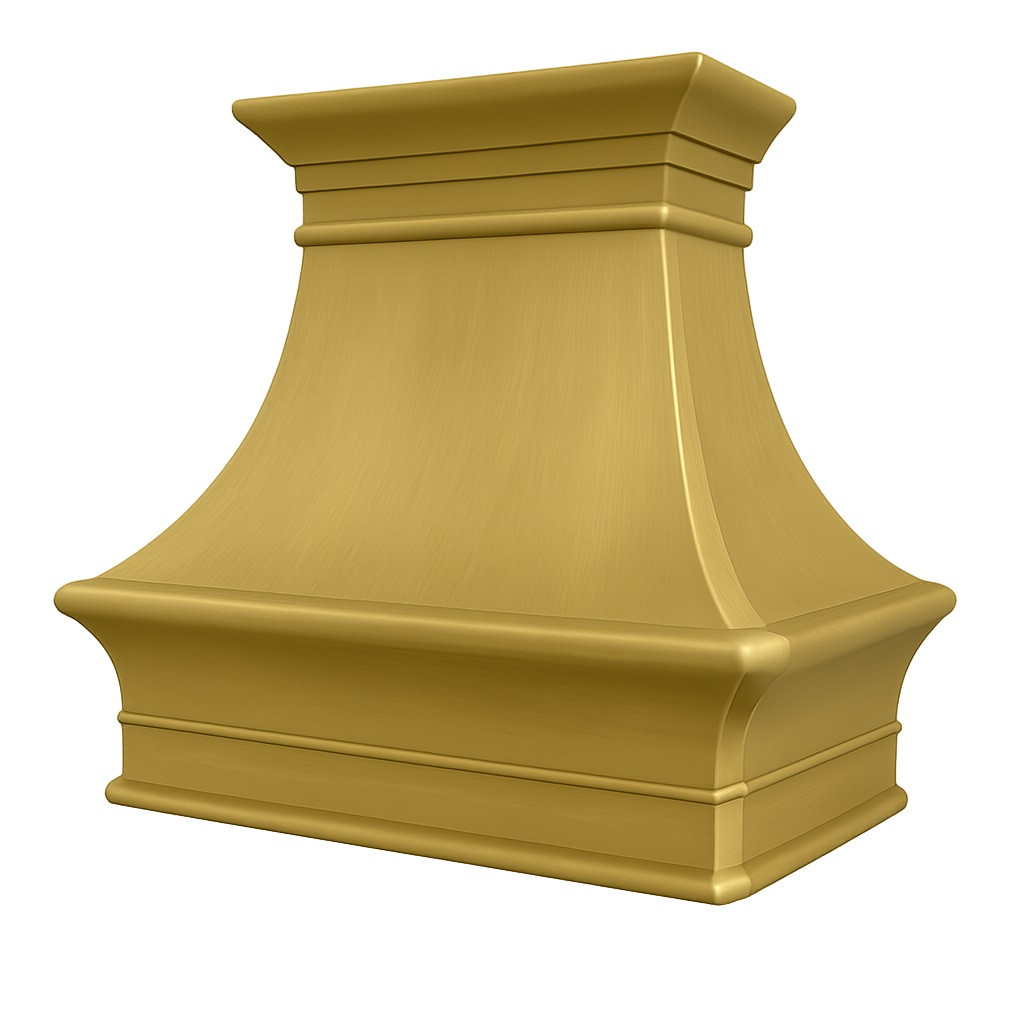 Angled view of brushed brass range hood showing its classic crown molding and apron detail