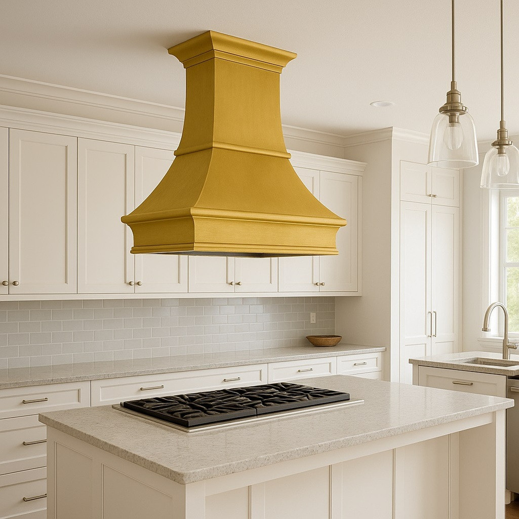 Brushed brass range hood with classic crown molding in central island configuration in a modern classic kitchen with clean cabinetry and warm tones