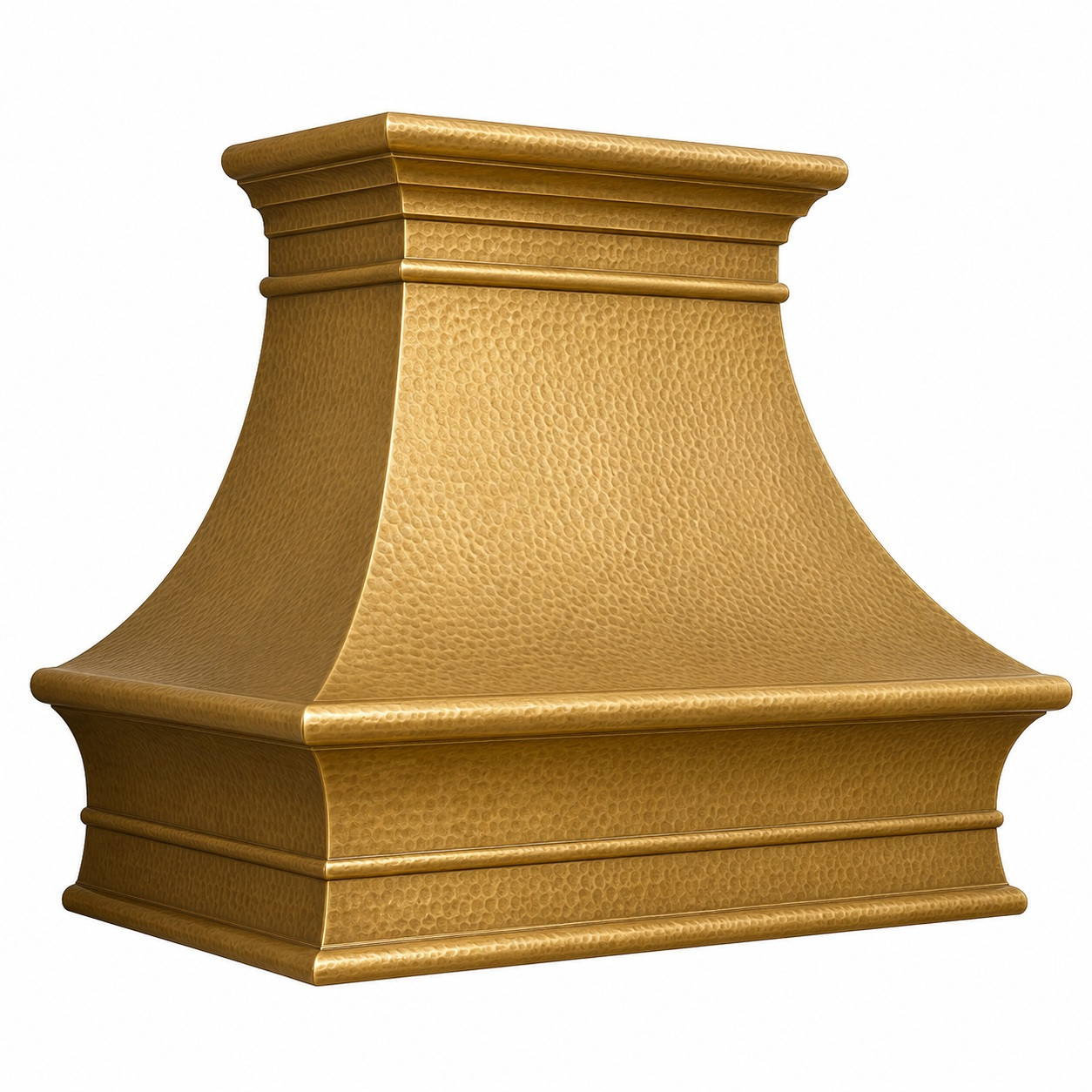 Angled  view of brushed and hand-hammered brass range hood with classic crown molding