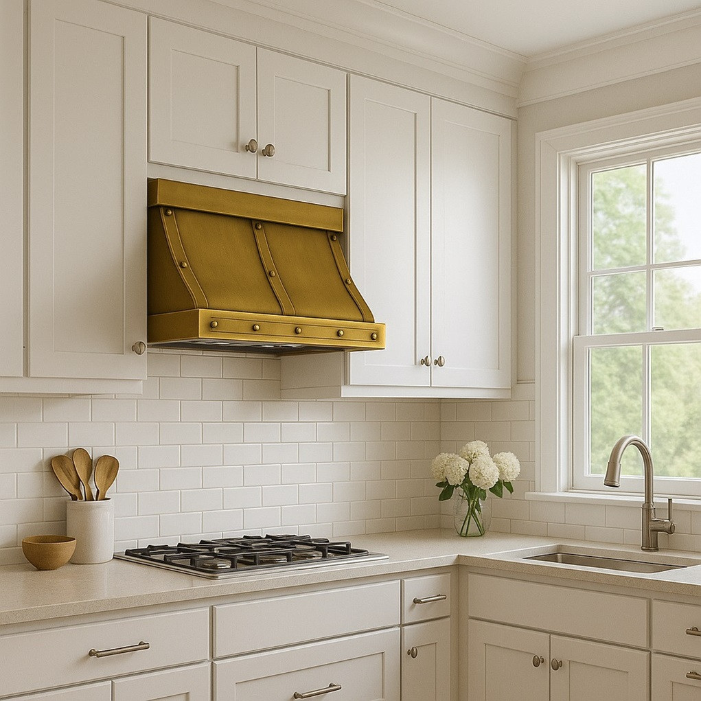 Brass range hood with riveted straps and trapezoid silhouette in traditional suburban kitchen, planished brass finish above classic cabinetry and neutral stone backsplash