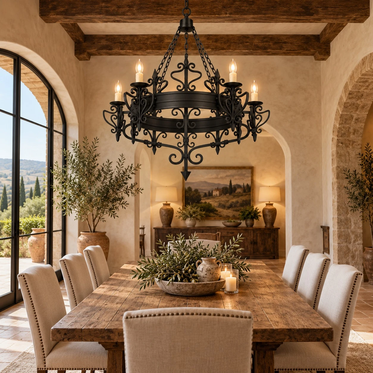 California mission forged iron chandelier above an elegant Tuscan style dining table