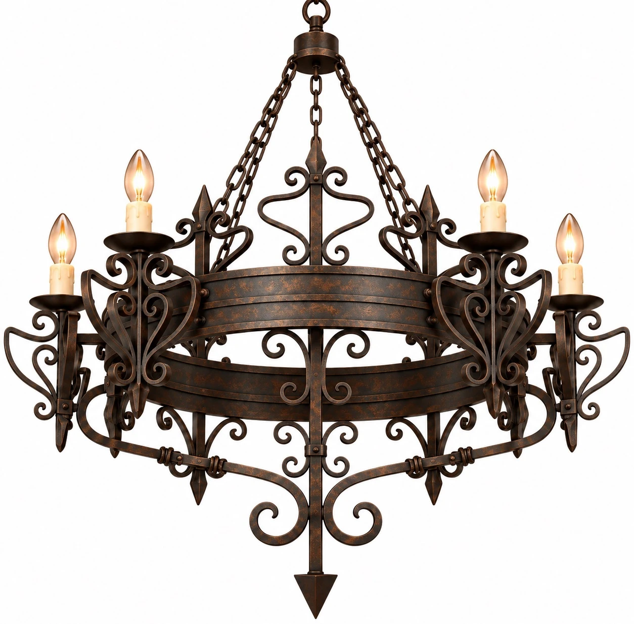 California mission iron chandelier with rusted finish option