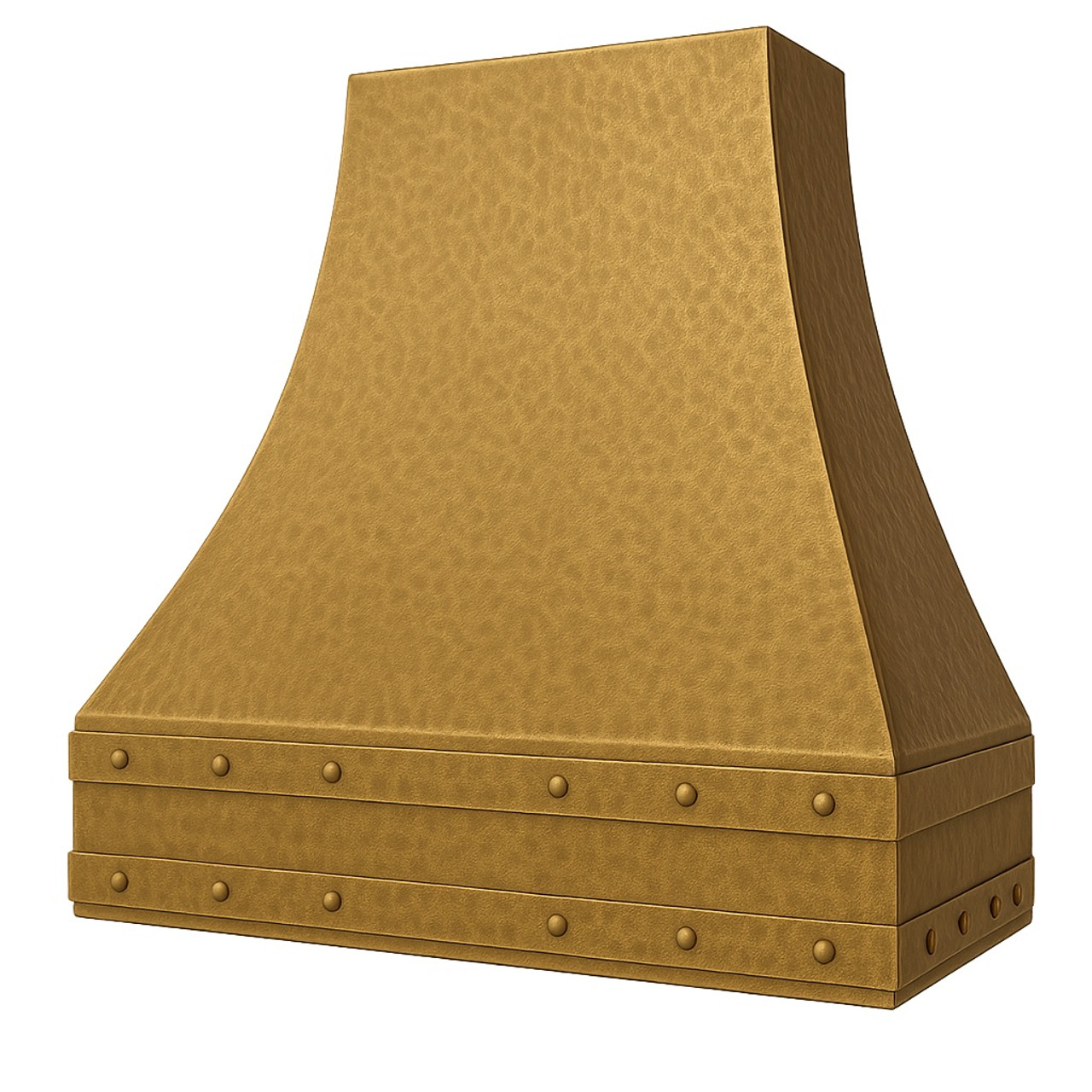 Wall-mount rustic brass range hood angle view