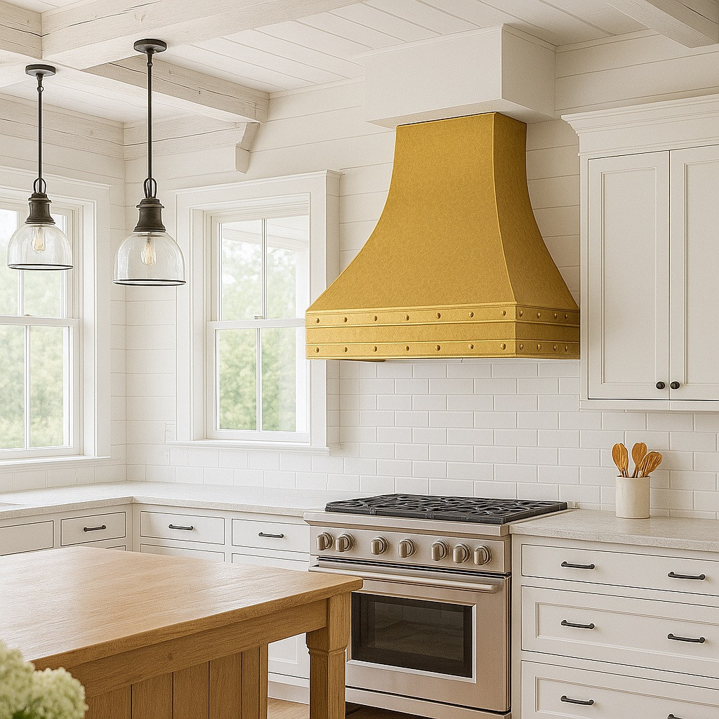 Rustic brass range hood in a farmhouse style kitchen with warm wood cabinetry