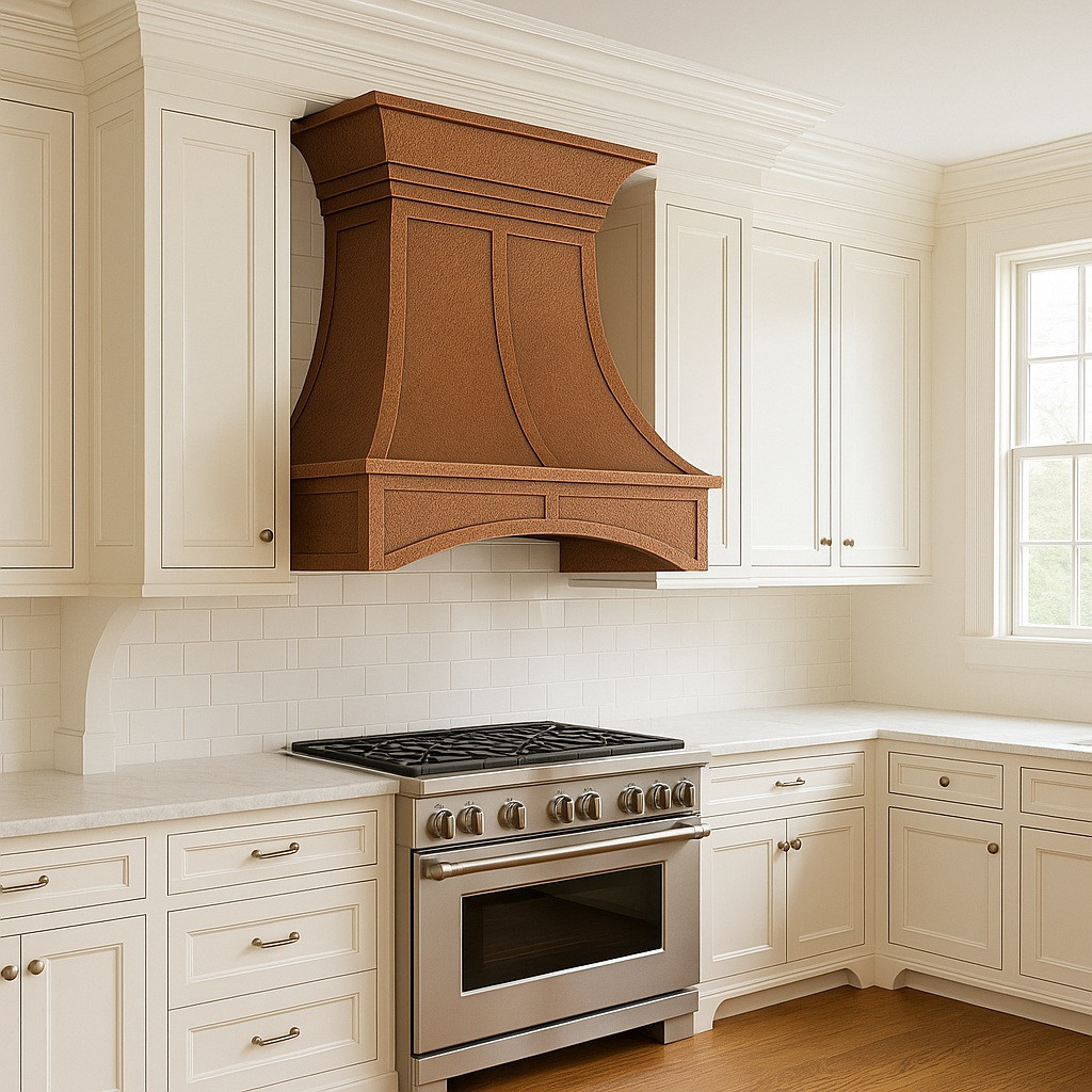Hand hammered bell copper range hood in colonial kitchen