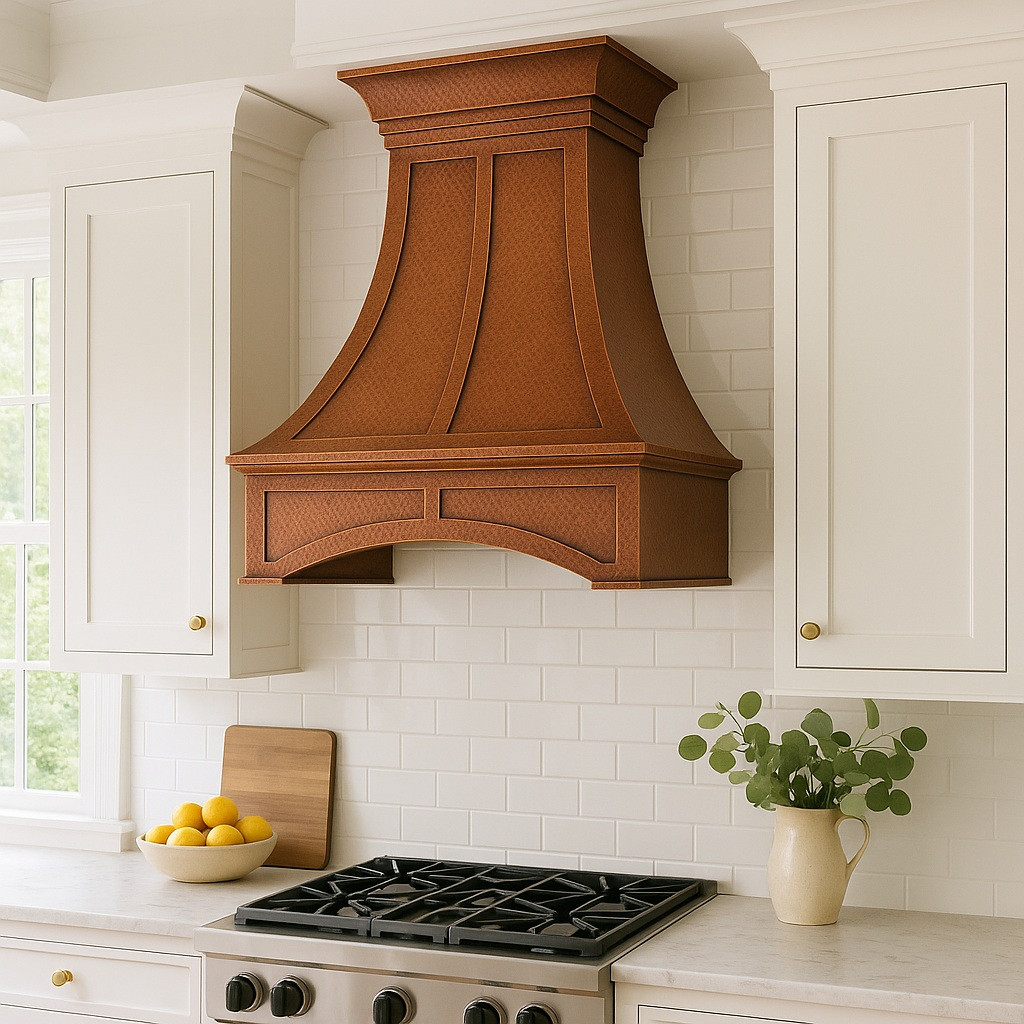 Hand hammered bell copper range hood in a New England kitchen