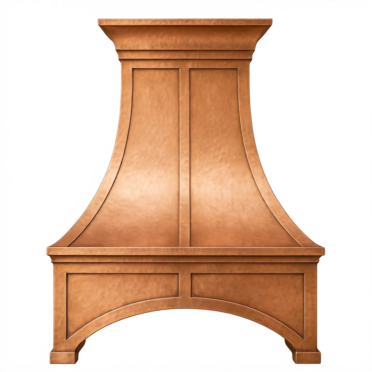 Front view of softly hand-hammered honey copper range hood with curved arched apron, crown molding, white background