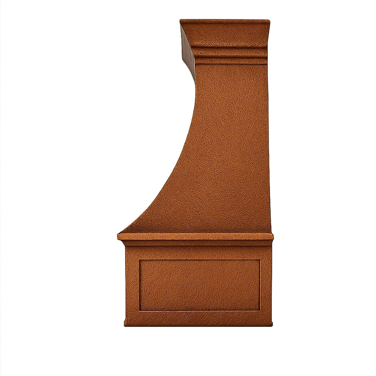 Side profile view of honey copper range hood showing curved bell silhouette and arched apron