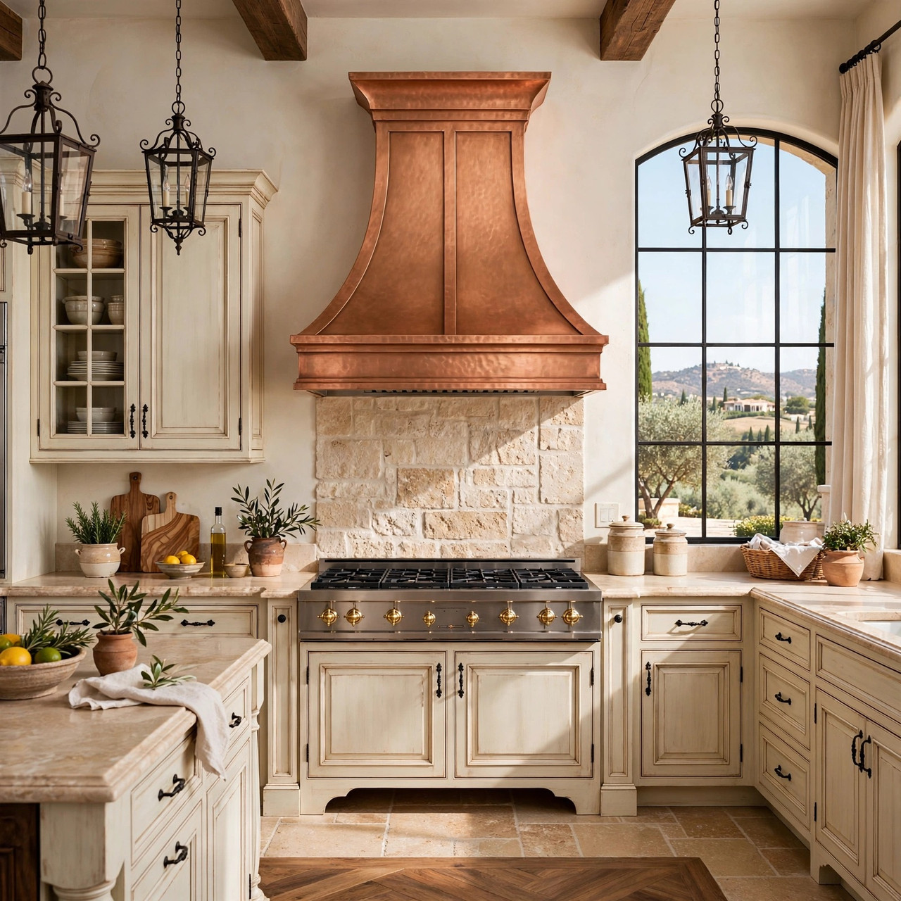 Modern Tuscan kitchen with honey hand-hammered copper hood, cream cabinets, stone backsplash, bright window