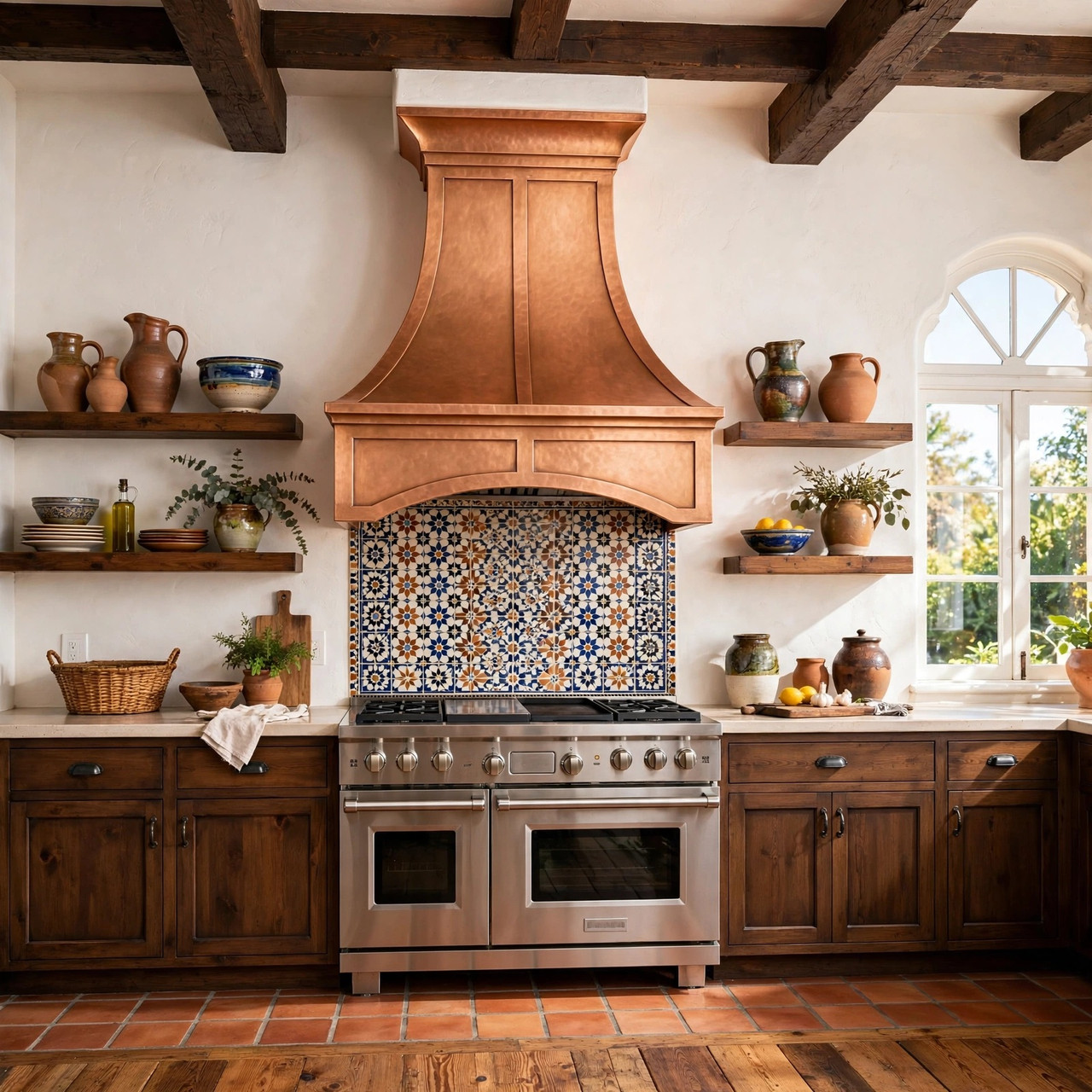 Spanish Colonial kitchen with arched honey copper hood, wood beams, stucco walls, Talavera tile, bright window