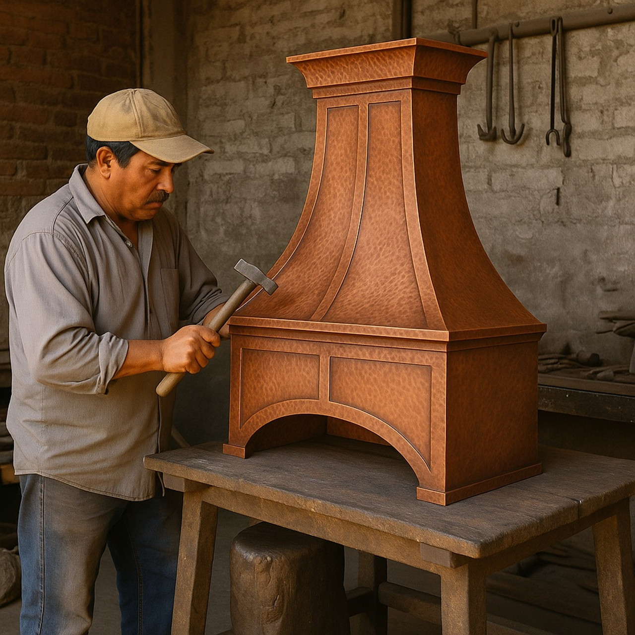 How this Old World campana copper range hood with arched paneled apron was made