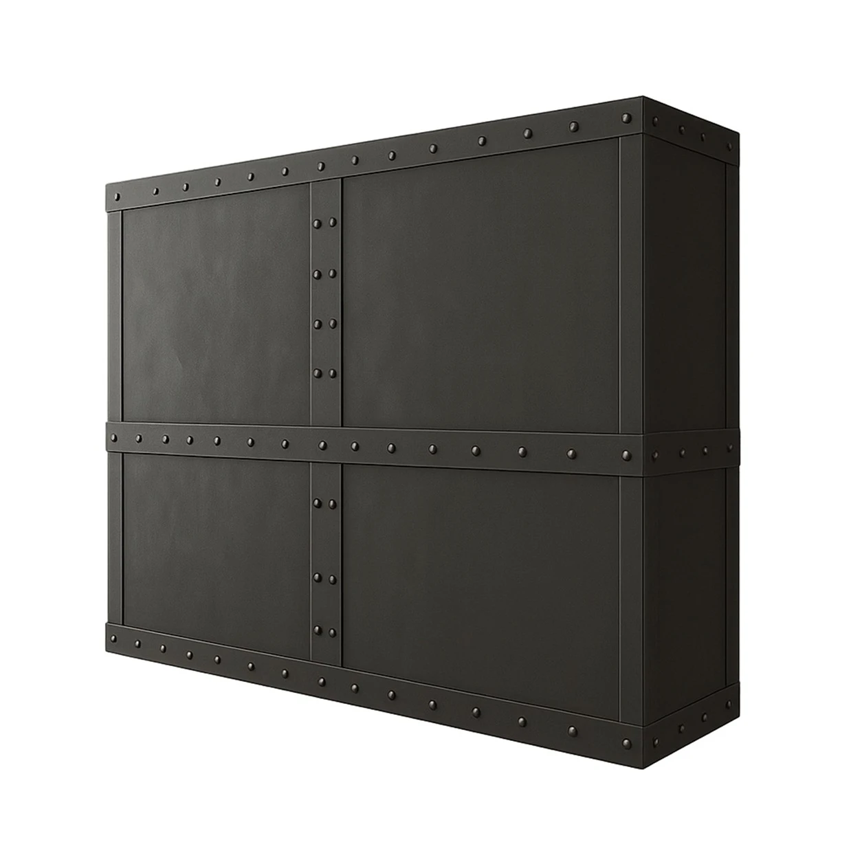 Industrial style rectangular black zinc range hood, angled view showing riveted front and deep rectangular side