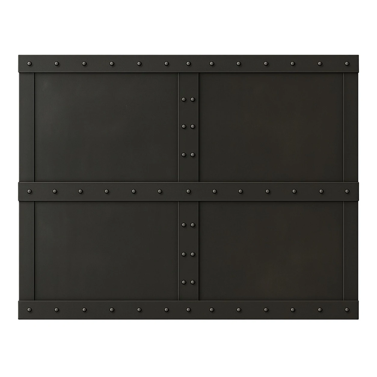 Industrial style rectangular black zinc range hood, front view with riveted straps and geometric panel design