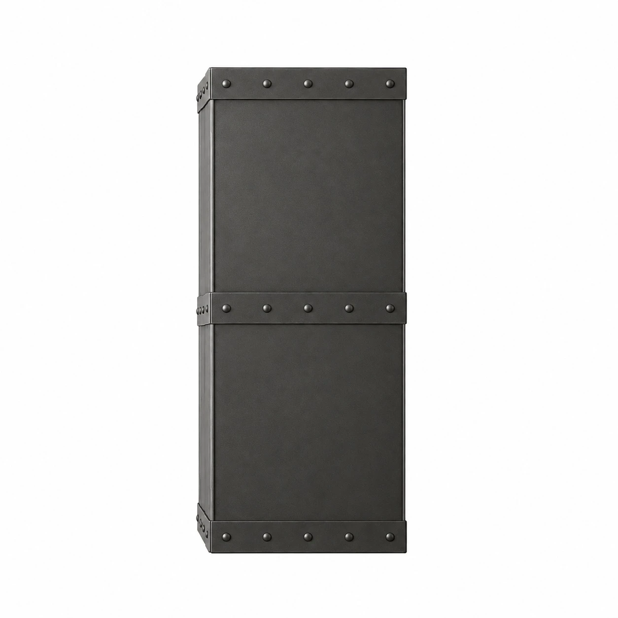 Industrial style rectangular black zinc range hood, side view showing plain black zinc panel and rectangular depth